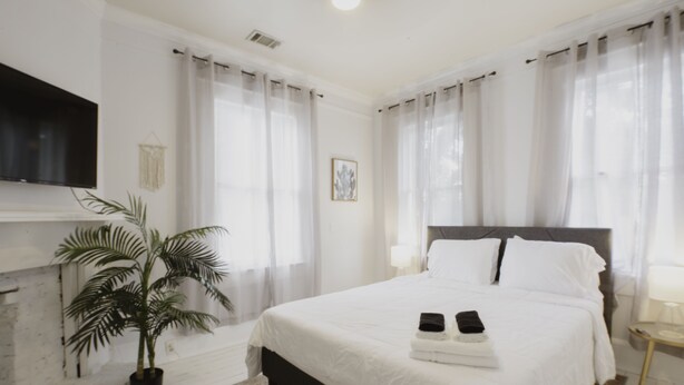 Une chambre d’hôtel moderne avec un grand lit, un téléviseur à écran plat, une plante en pot et une cheminée.