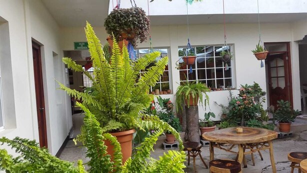 Pátio com plantas em vasos, uma mesa redonda de madeira e uma placa indicando saída de emergência.