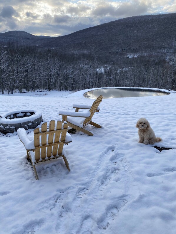 A snowy outdoor area with two wooden Adirondack chairs and a small pond.