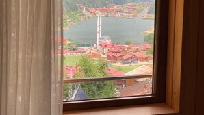 Una ventana con vistas a un pueblo, un lago y montañas.