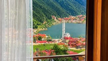 A window with a view of a lake, buildings, and mountains.