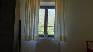 A room with a window, curtains, a potted plant, and a chair.