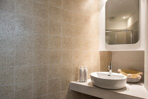 Shower, hair dryer, bidet, towels