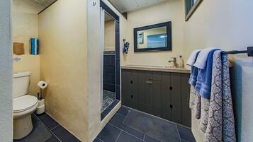 A bathroom with a toilet, a sink, a mirror, and a shower area.