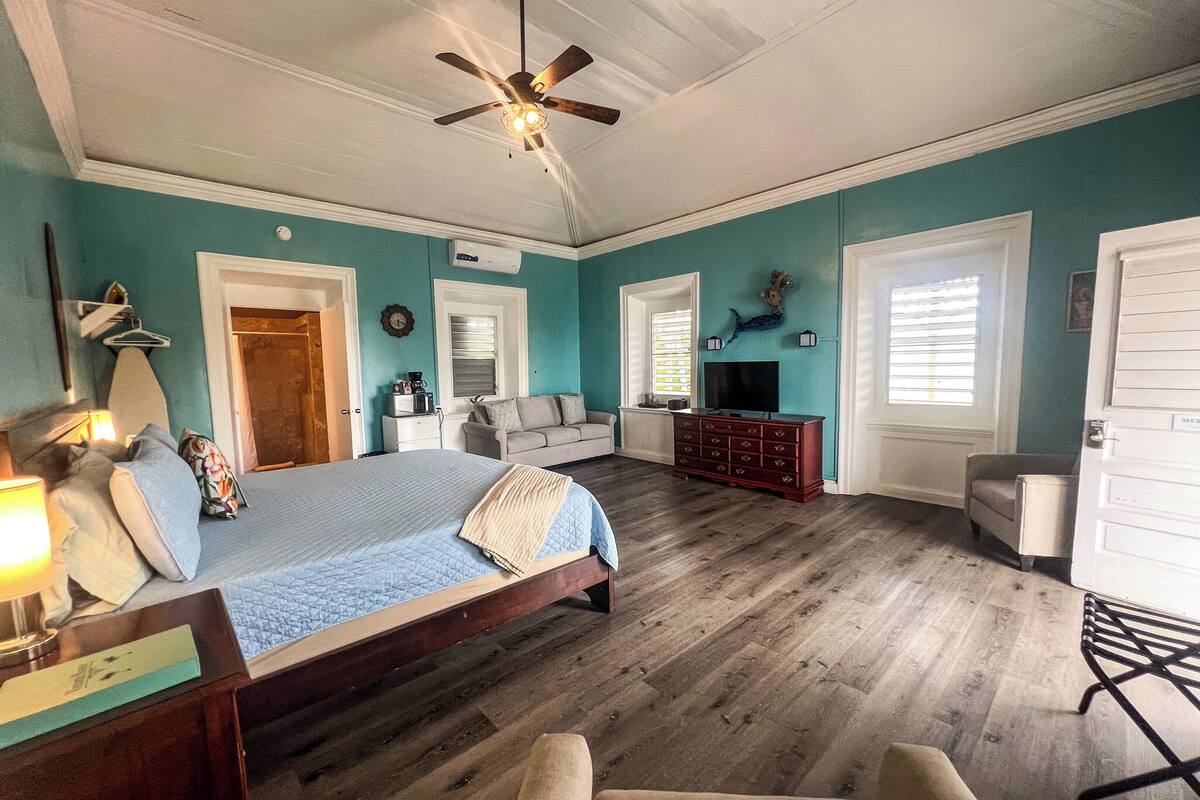 A bedroom with a bed, a dresser, a television, and a ceiling fan.