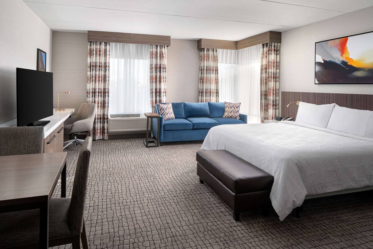 A hotel room with a bed, a desk, a chair, a sofa, and a television.