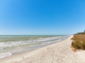 On the beach, sun-loungers, beach towels