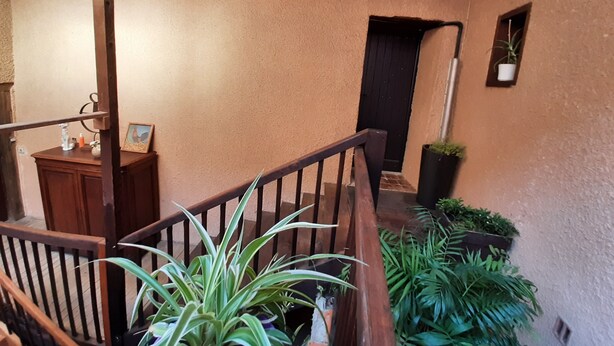 A staircase with wooden railings, a potted plant, and a door leading to another room. - Large charming studio (Cordes-sur-Ciel)