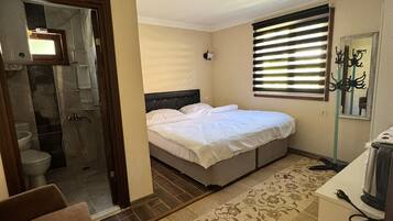 Un dormitorio con cama, un baño con ducha y una kitchenette.