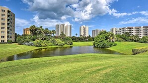 Un área verde bien cuidada con un estanque, rodeada de palmeras y edificios de apartamentos modernos.