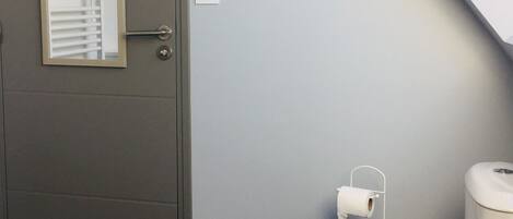Moderni kylpyhuone, jossa on wc, pyyheteline ja peili.