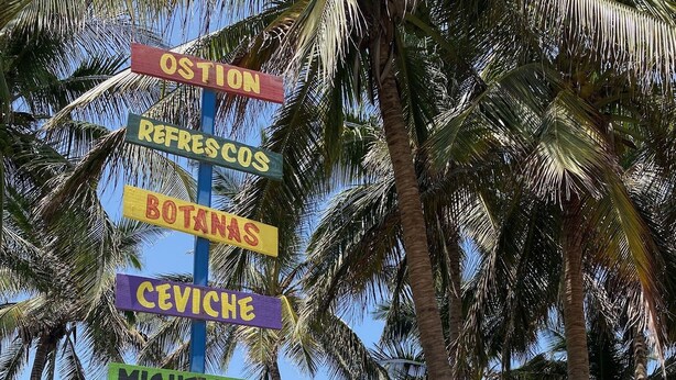Un cartello con varie categorie tra cui Ostion, Refreshos, Botanas, Ceviche, Micheladas, Piatti, Cigarros, Pesce e Birre.