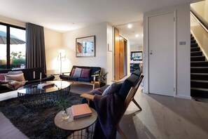 Televisio, takka, DVD-soitin, kirjoja