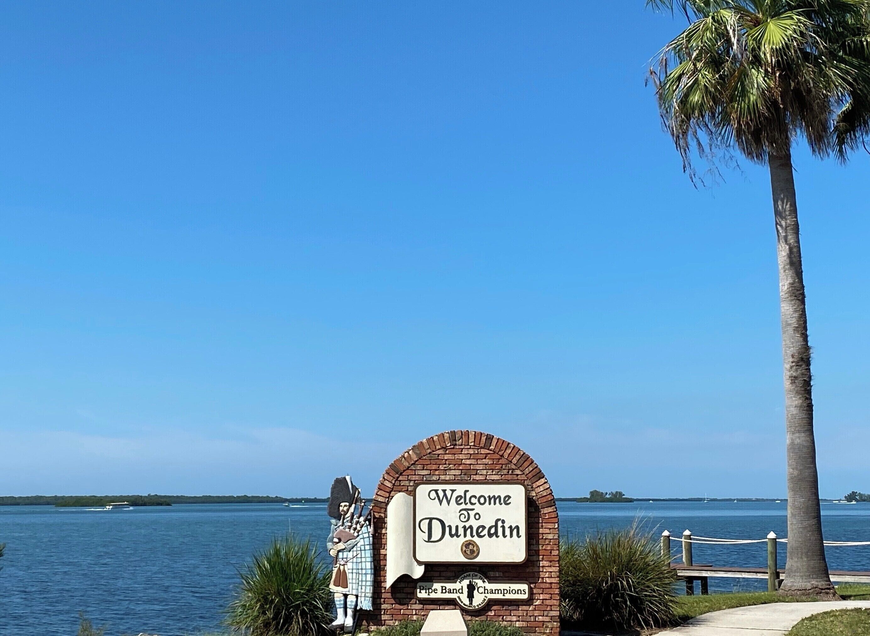 A welcome sign for Dunedin with a view of the water and a palm tree.