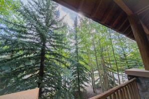 A wooden balcony with a stone wall, overlooking a forest of tall evergreen trees and bamboo. - Arapahoe Lodge 8105 (Keystone)