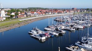 A marina with numerous boats docked, surrounded by residential buildings and a windmill.