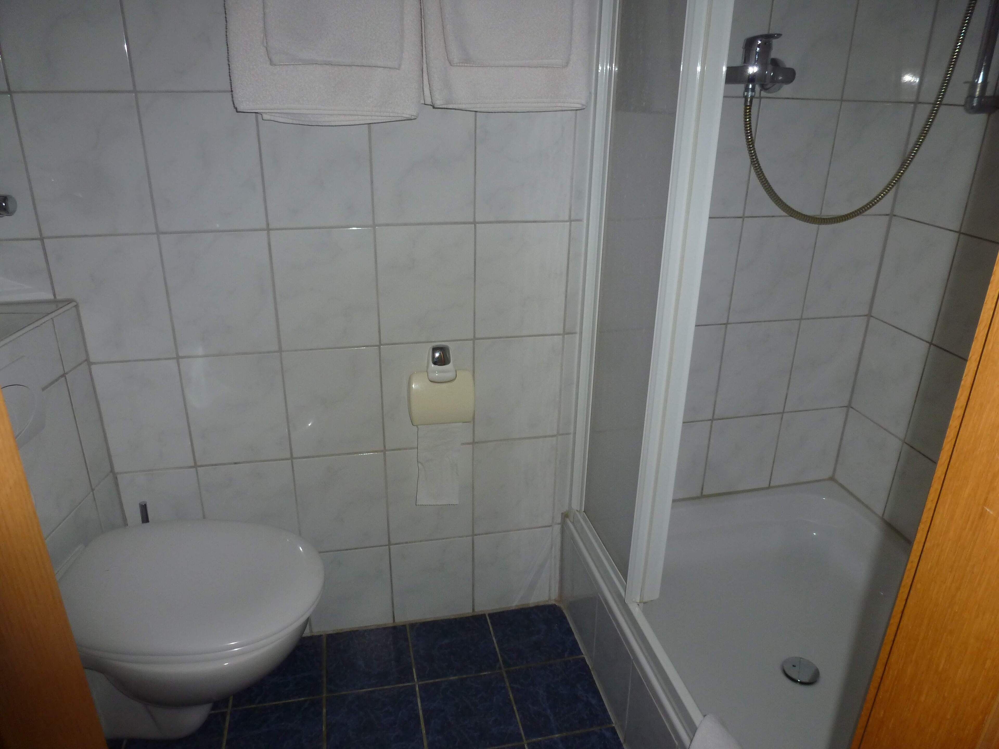 A small bathroom with a toilet, a shower, and a sink.