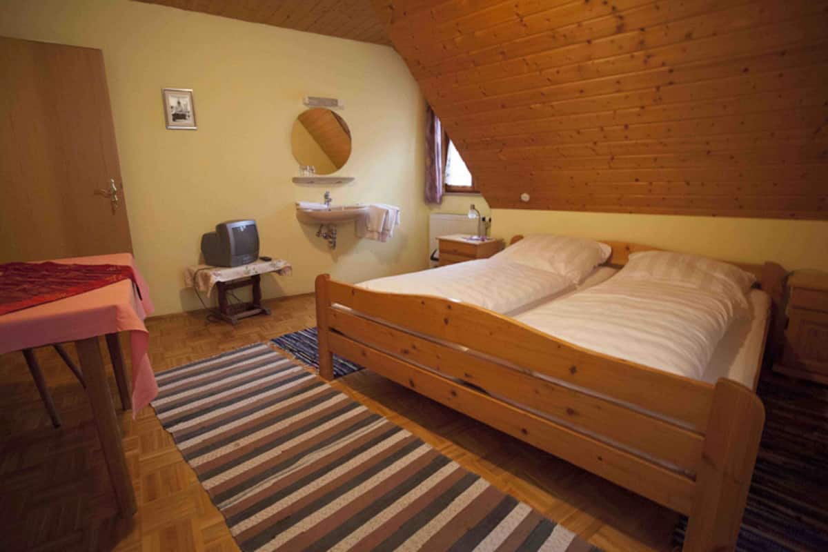 A bedroom with a wooden bed, a small desk with a television, a bedside table, a mirror, and a radiator.
