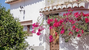 Valkoinen rakennus, jossa on tiilikatto, puuovi ja vaaleanpunaisia bougainvillea-kukkia.