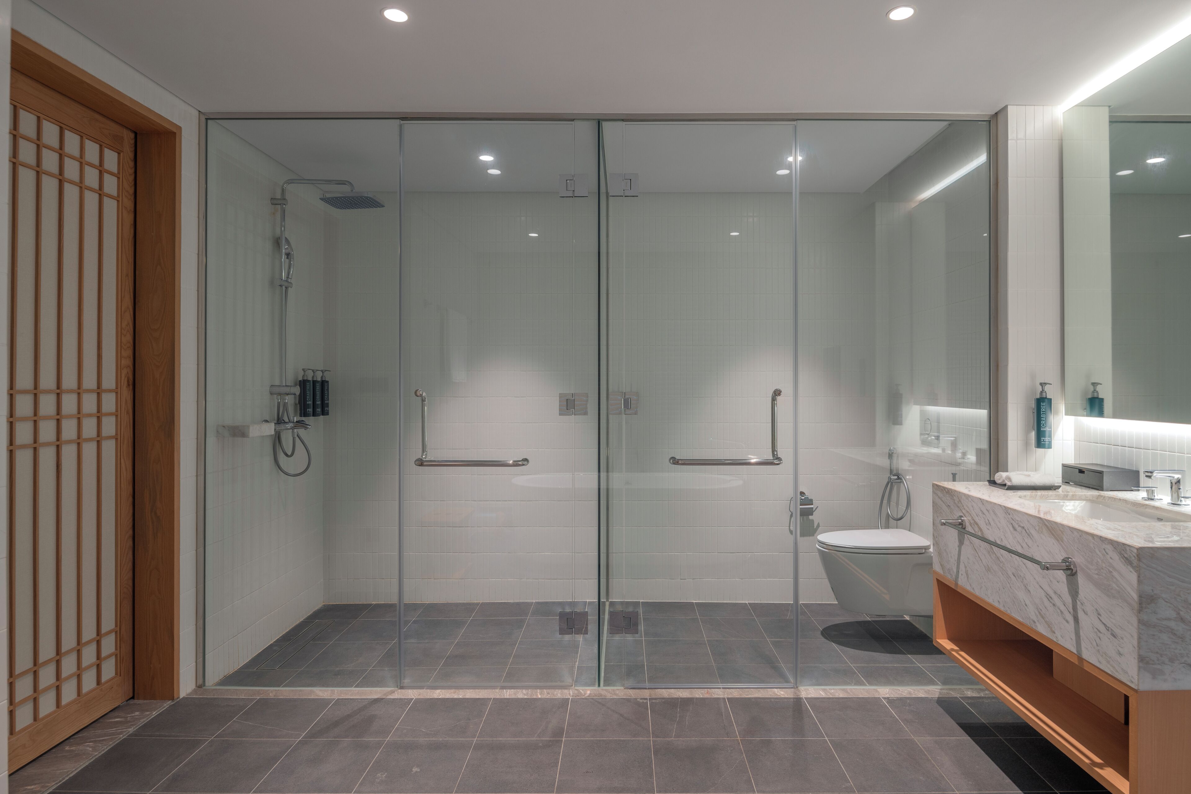 Un baño moderno con ducha envuelta en vidrio, inodoro y tocador con espejo.