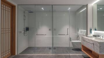 Un baño moderno con ducha envuelta en vidrio, inodoro y tocador con espejo.