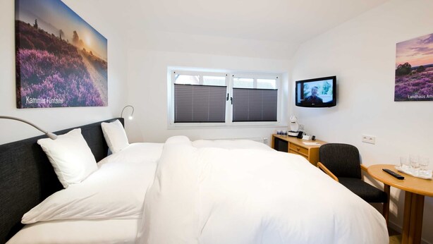 Ein Hotelzimmer mit Bett, Schreibtisch, Stuhl, Fernseher und zwei Fenstern.