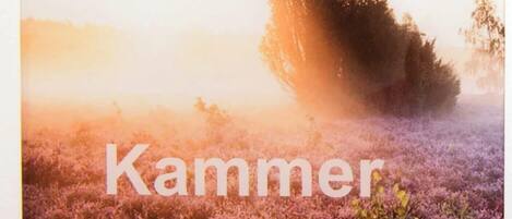 A field of purple flowers with a tree in the background and the text 'Kammer Sechzehn'.