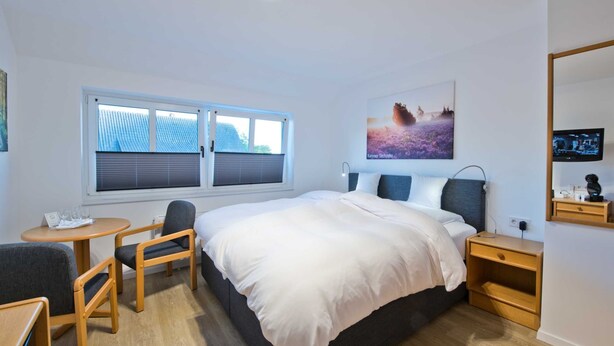 A hotel room with a bed, a desk, a chair, a TV, and a window with blinds.