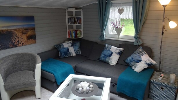 A cozy living room with a grey sofa, a glass coffee table, a bookshelf, and a window with curtains. - Frehmeyer: Vacation on the farm - Ferienhaus Frehmeyer (Lindewitt)