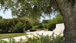Un jardin avec un mur de pierres, différents arbustes et des plantes à fleurs.