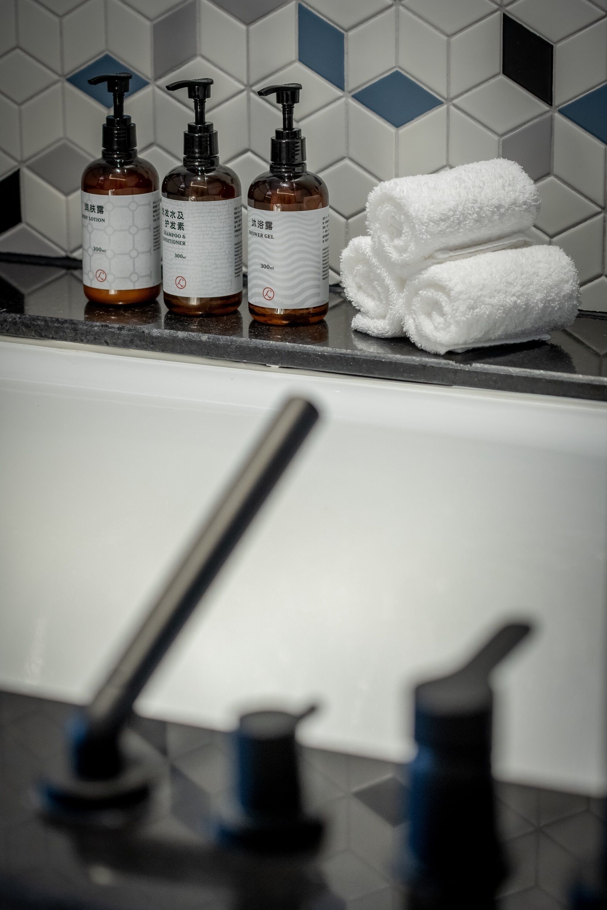 separate bathtub and shower, free toiletries, hair dryer, bathrobes