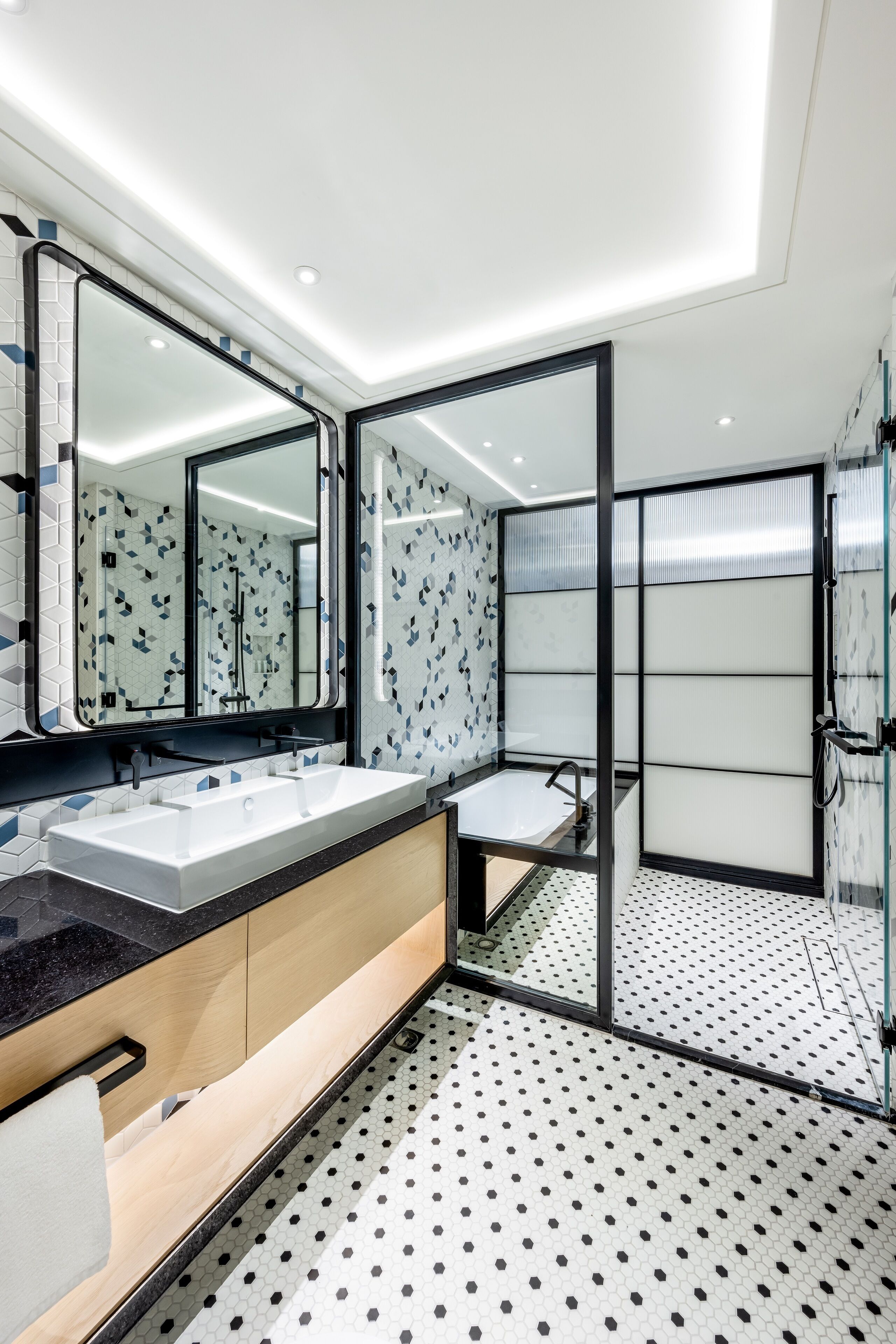 separate bathtub and shower, free toiletries, hair dryer, bathrobes