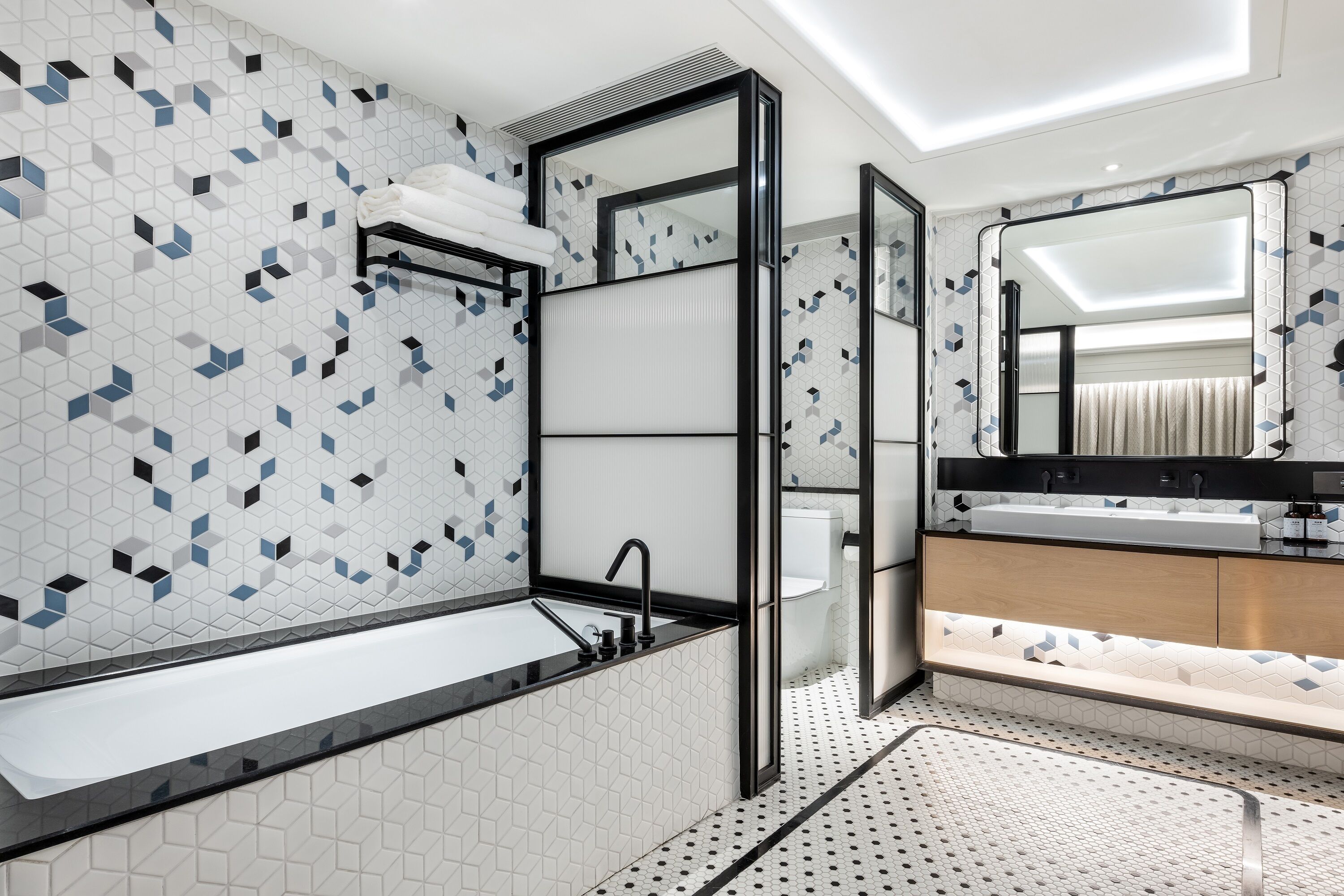 separate bathtub and shower, free toiletries, hair dryer, bathrobes