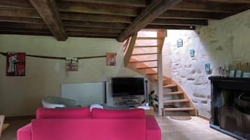 Televisión, chimenea, reproductor de DVD y tenis de mesa