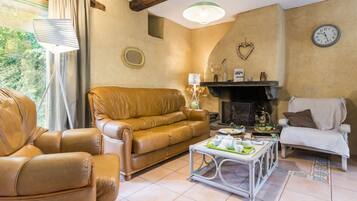 Télévision, cheminée, lecteur de DVD, table de tennis de table