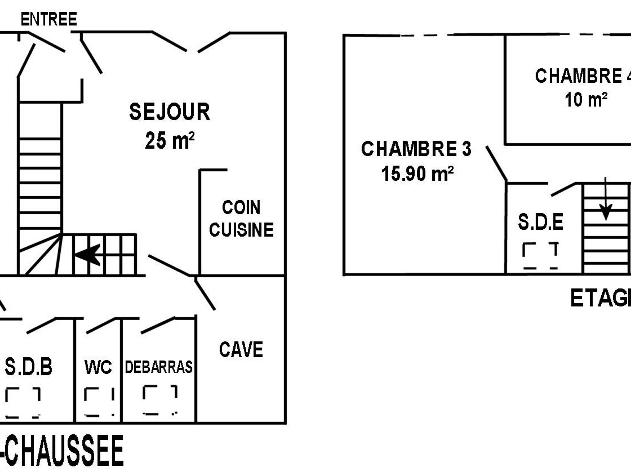 Plan d’étage d’un hôtel comprenant un salon (25 m²), un coin repas (10 m²), une cuisine (15,90 m²) et une salle de bain (S.D.B.).