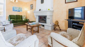 Un salon avec une cheminée, un canapé vert et un téléviseur.