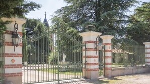Una entrada protegida con muro de ladrillo y portón metálico, rodeada de árboles y cielo despejado.