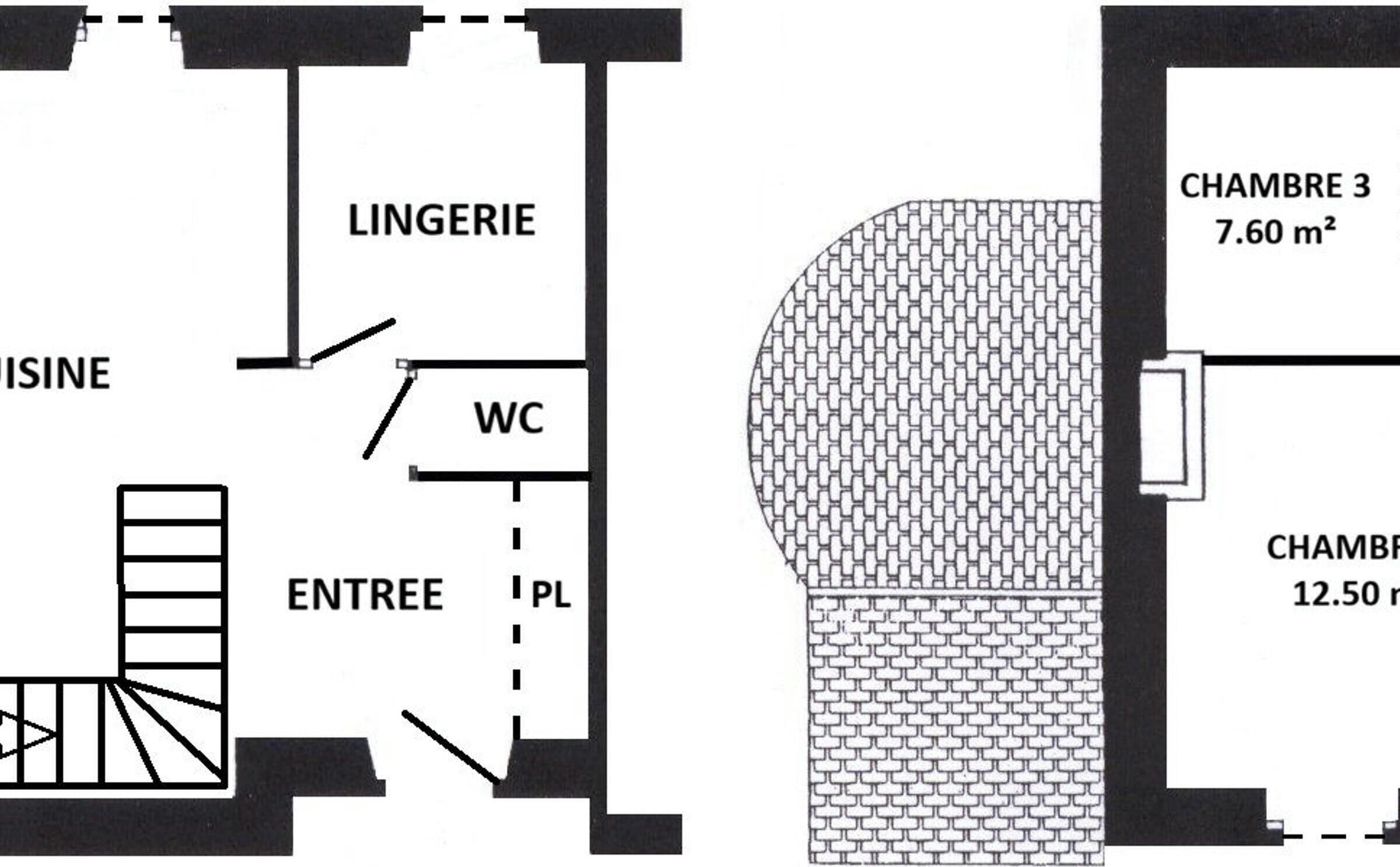 A floor plan with a kitchen, dining area, WC, and staircase.