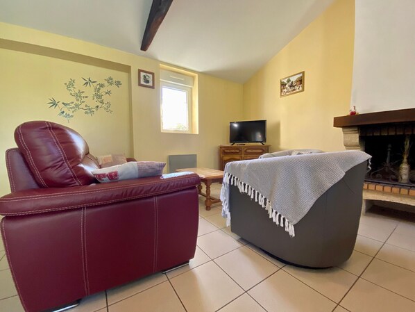 Un salon avec un canapé en cuir rouge, un fauteuil gris, un téléviseur posé sur un meuble en bois et une cheminée.