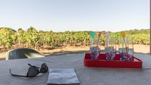 Uma mesa com óculos de sol, um cardápio e uma bandeja com copos e uma garrafa.