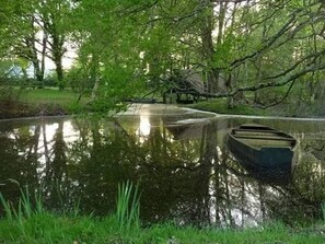 Ein ruhiger Teich mit einem kleinen Boot, umgeben von üppigem Grün und Bäumen.