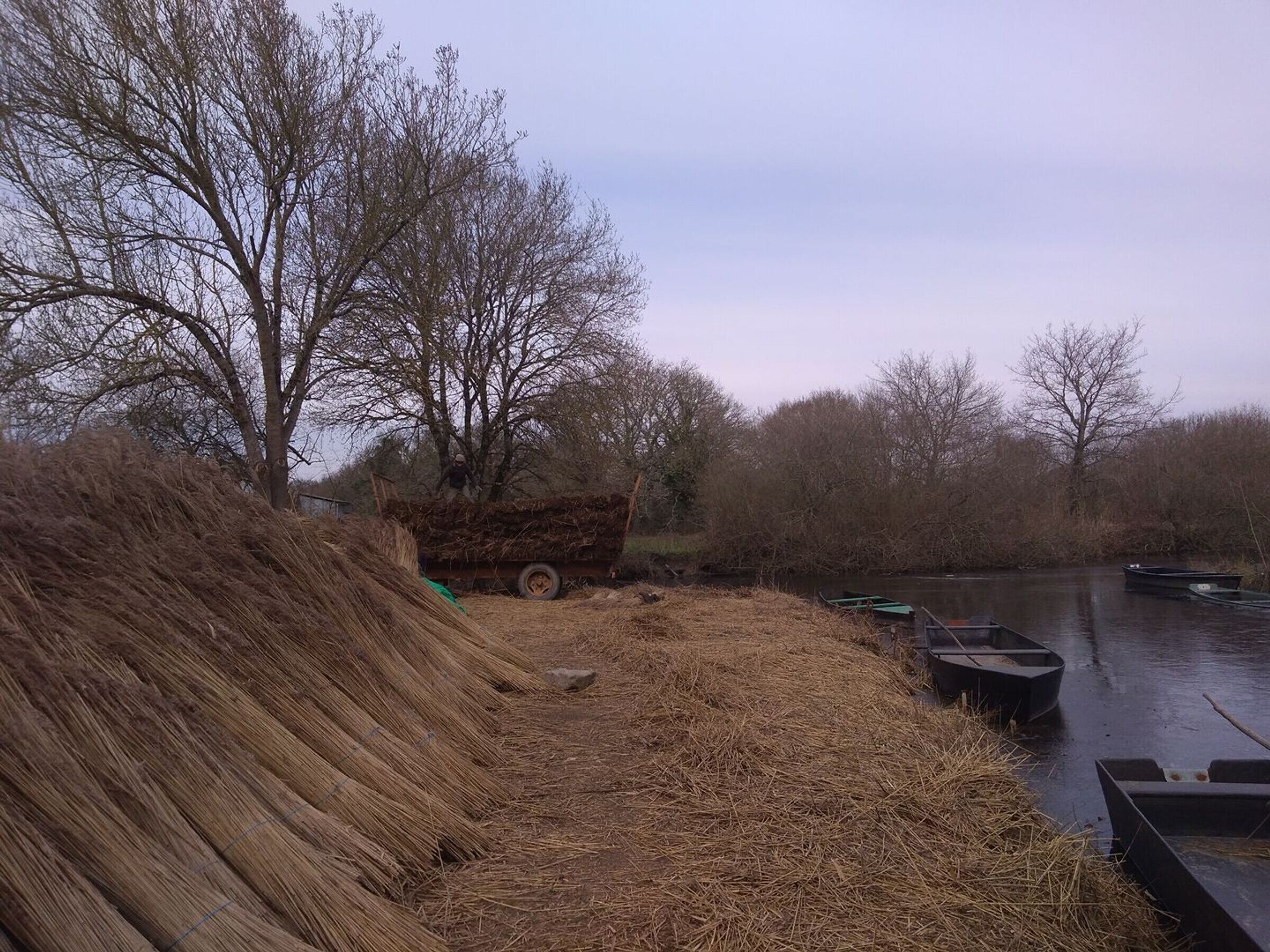 A riverbank with a trailer loaded with hay, a few boats, and leafless trees.