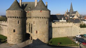 A historic stone castle with multiple towers and a fortified wall.