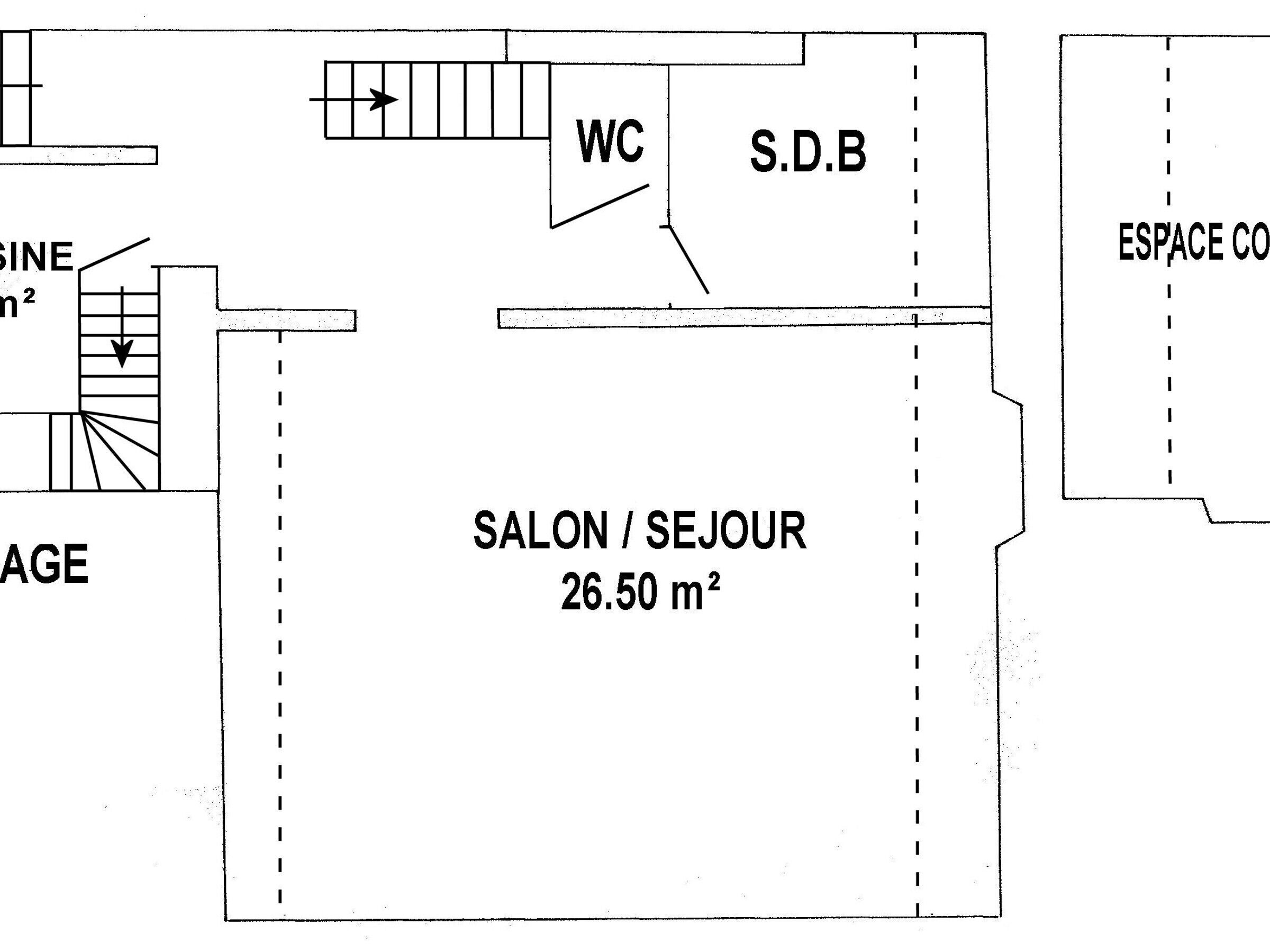 En planritning med ett vardagsrums-/sällskapsrumsutrymme på 26,50 m², toalett, badrum och ett extra utrymme.
