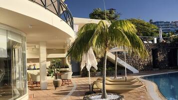 Un edificio moderno con piscina, mobiliario exterior y una palmera.
