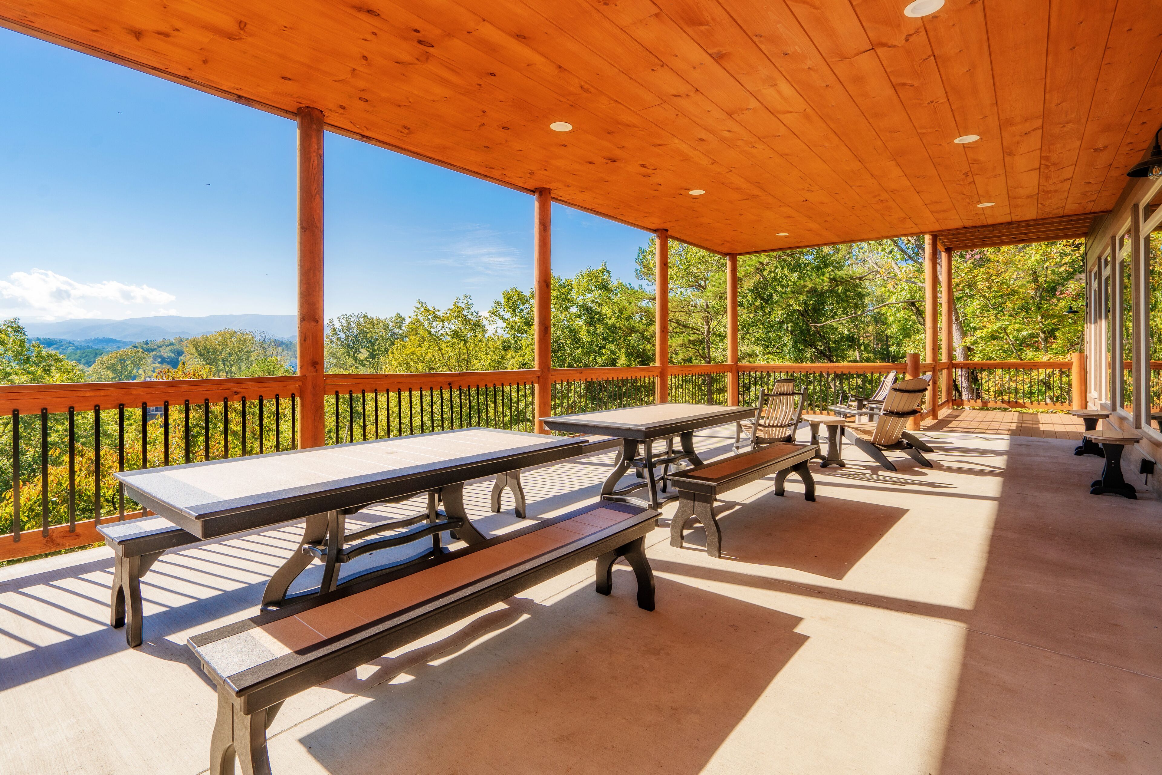 Patio esterno con tavoli da picnic e panche, circondato da una ringhiera in legno e vista su un paesaggio boschivo.