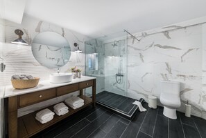Executive Suite, 1 Bedroom, Non Smoking, Ground Floor | Bathroom | Shower, hair dryer, towels, soap - Mavrogenous Luxury Apartments (Nafplio)