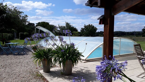 Un espacio al aire libre cubierto con piscina, mobiliario y plantas en macetas.