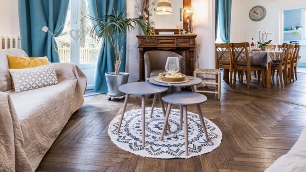 A living room with a sofa, a coffee table, a dining table with chairs, a large mirror, and a potted plant.
